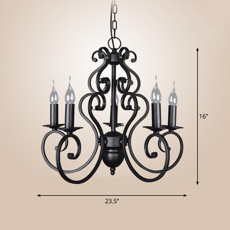 5/6 Lights Metal Pendant Chandelier Classic Black Swirled Arm Living Room Hanging Ceiling Fixture Clearhalo 'Ceiling Lights' 'Chandeliers' Lighting' 2426904