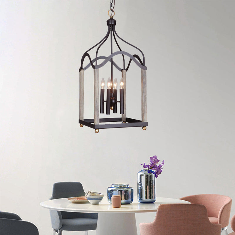 4 Lights Metal Hanging Chandelier Traditional Black Candle-Style Living Room Pendant Light Fixture with Cage Clearhalo 'Ceiling Lights' 'Chandeliers' Lighting' 2426960