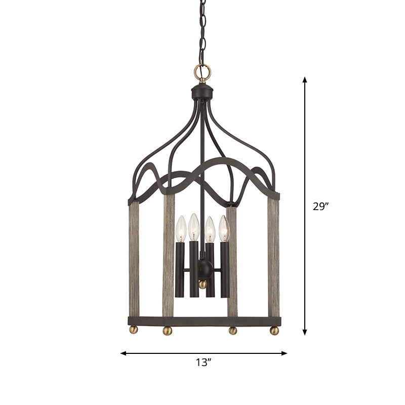 4 Lights Metal Hanging Chandelier Traditional Black Candle-Style Living Room Pendant Light Fixture with Cage Clearhalo 'Ceiling Lights' 'Chandeliers' Lighting' 2426962