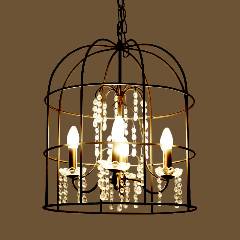 4 Lights Pendant Light Classic Birdcage Metal Hanging Chandelier in Black with Crystal Draping Clearhalo 'Ceiling Lights' 'Chandeliers' Lighting' 2427065