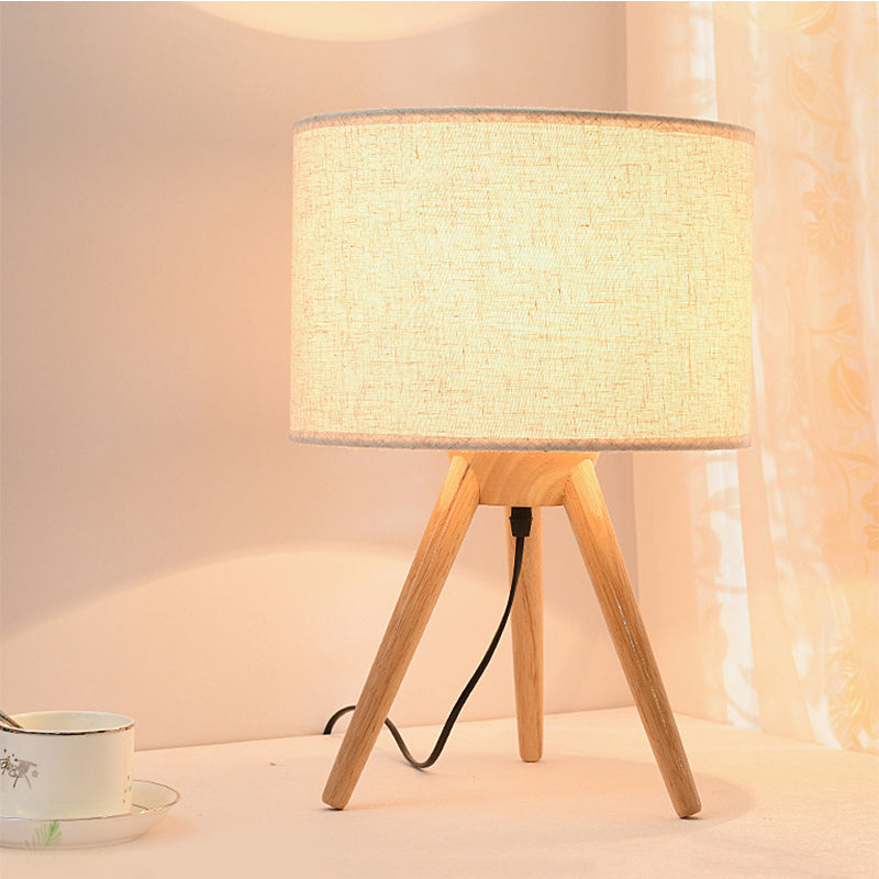 Contemporary Cylinder Task Lighting Fabric LED Reading Book Light with Wooden Tripod Wood Clearhalo 'Lamps' 'Table Lamps' Lighting' 242905