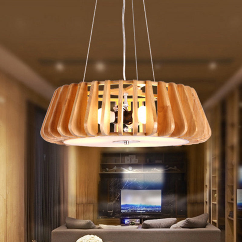 Wooden Drum Hanging Chandelier Contemporary Triple Light Ceiling Pendant for Restaurant 3 Wood Clearhalo 'Carpenter Chandeliers' 'Ceiling Lights' 'Chandeliers' 'Industrial' 'Modern Chandeliers' 'Modern' Lighting' 243132