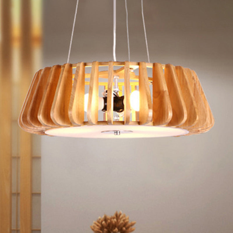 Wooden Drum Hanging Chandelier Contemporary Triple Light Ceiling Pendant for Restaurant Clearhalo 'Carpenter Chandeliers' 'Ceiling Lights' 'Chandeliers' 'Industrial' 'Modern Chandeliers' 'Modern' Lighting' 243133