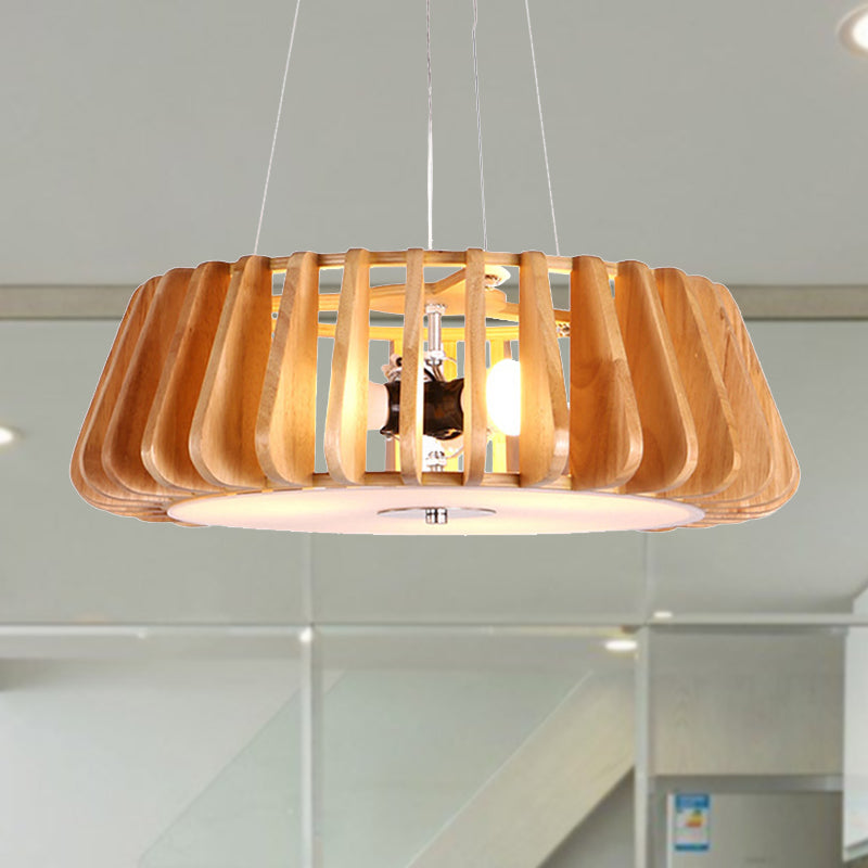 Wooden Drum Hanging Chandelier Contemporary Triple Light Ceiling Pendant for Restaurant Clearhalo 'Carpenter Chandeliers' 'Ceiling Lights' 'Chandeliers' 'Industrial' 'Modern Chandeliers' 'Modern' Lighting' 243134