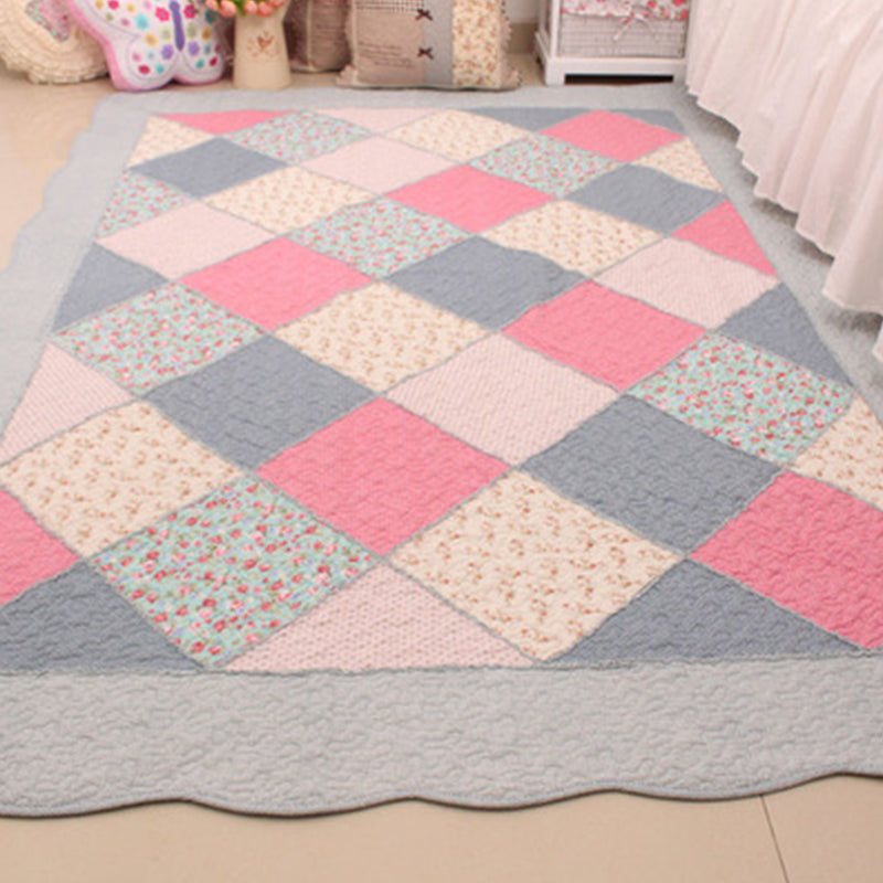 Minimalist Decoration Rug Multi Colored Plaid Printed Indoor Rug Cotton Non-Slip Pet Friendly Area Carpet Pink-Blue 5'3