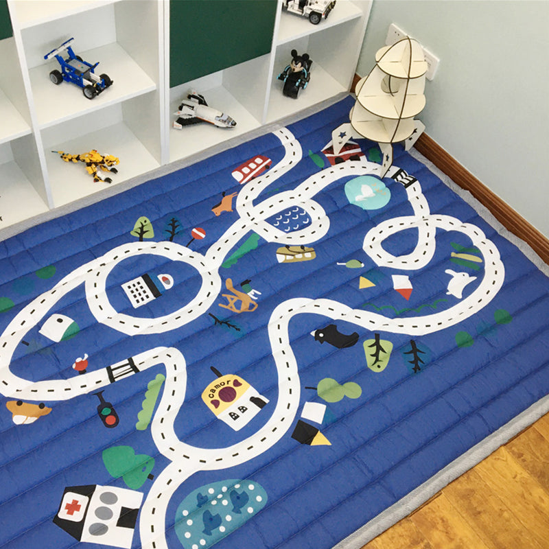 Casual Cartoon Printed Rug Multicolored Cotton Indoor Rug Pet Friendly Stain-Resistant Easy Care Area Carpet for Kids Room Dark Blue 4'9