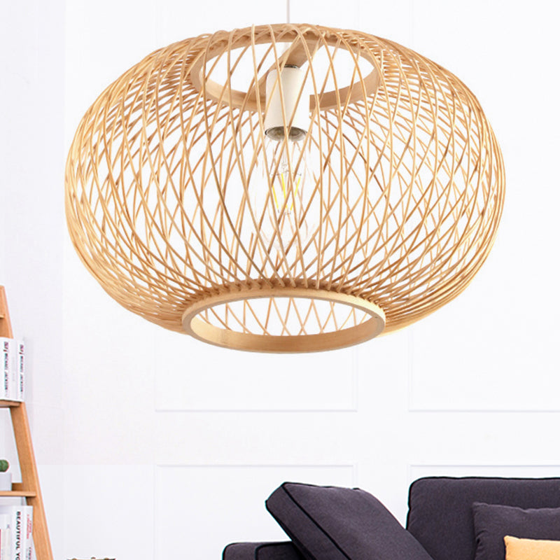 Bamboo Rounded Drum Pendant Lighting Asian Style 1 Bulb Hanging Lamp for Living Room, 16