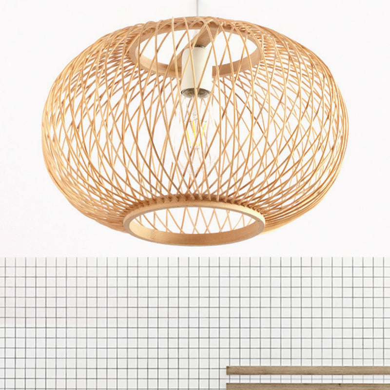 Bamboo Rounded Drum Pendant Lighting Asian Style 1 Bulb Hanging Lamp for Living Room, 16