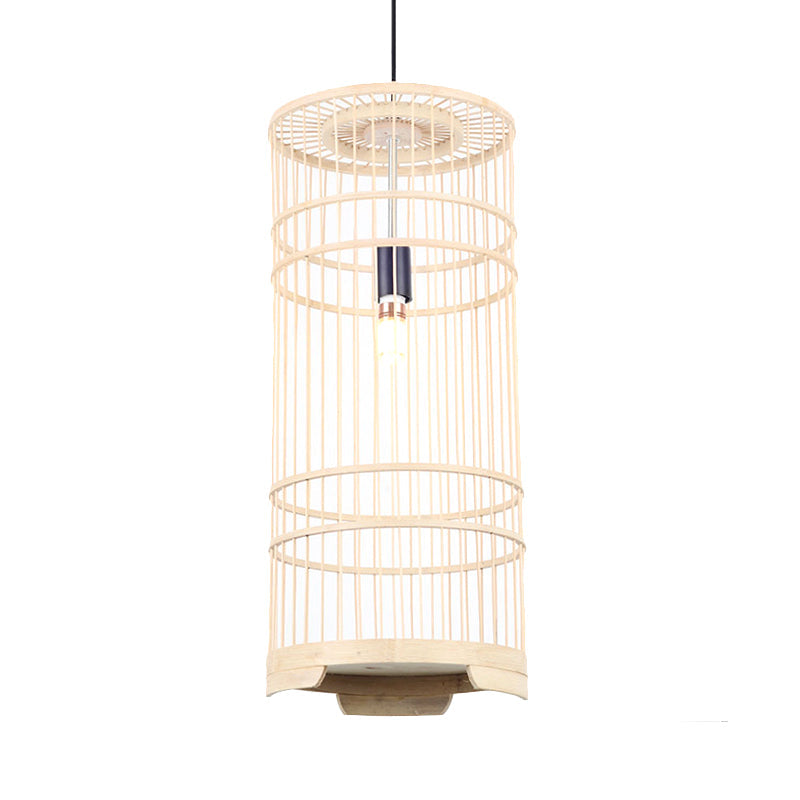 Cylindrical Shade Hanging Light Asian Style Bamboo 1-Bulb Beige Pendant Lamp for Dining Room Clearhalo 'Ceiling Lights' 'Pendant Lights' 'Pendants' Lighting' 244477