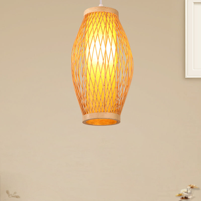 Beige Cross Woven Pendant Hanging Light with Oval Shade Modern 1 Head Bamboo Pendant Lamp, 6