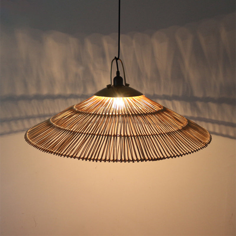 Asian Single Bulb Pendant Lamp with Hand-Woven Rattan Brown Tapered Hanging Light for Restaurant Living Room Clearhalo 'Ceiling Lights' 'Pendant Lights' 'Pendants' Lighting' 244543