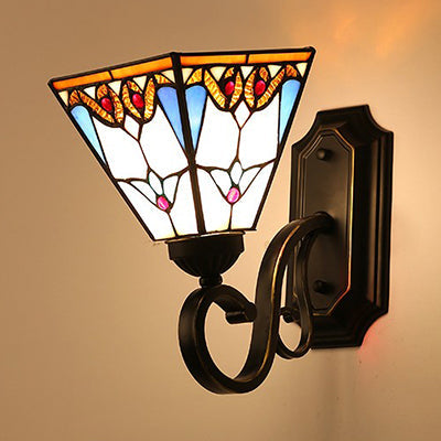 Stained Glass Wall Lighting with Baroque/Flower/Gem/Magnolia Pattern Tiffany 1 Light Indoor Sconce Light in Blue Clearhalo 'Industrial' 'Middle century wall lights' 'Tiffany wall lights' 'Tiffany' 'Wall Lamps & Sconces' 'Wall Lights' Lighting' 24557