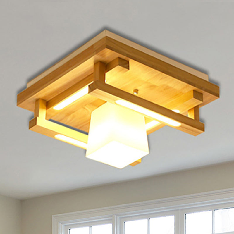 Wood Square Flush Mount Lighting Modernist 1/4/9 Lights Brown Led Flush Mount Light with White Glass Cubic Shade in White/Warm Light 1 Wood Clearhalo 'Ceiling Lights' 'Close To Ceiling Lights' 'Close to ceiling' 'Flush mount' Lighting' 245573