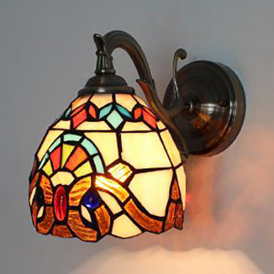 Stained Glass Wall Lighting Tiffany Rustic 1 Light Wall Mount Light in Brown/Blue/Beige/Blue-White for Bedroom Brown Clearhalo 'Industrial' 'Middle century wall lights' 'Tiffany wall lights' 'Tiffany' 'Wall Lamps & Sconces' 'Wall Lights' Lighting' 24586