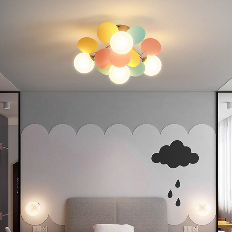 Circle Child Room Semi Flush Chandelier White Glass Creative Ceiling Light Fixture in White 4 White Clearhalo 'Ceiling Lights' 'Close To Ceiling Lights' 'Close to ceiling' 'Semi-flushmount' Lighting' 2459889