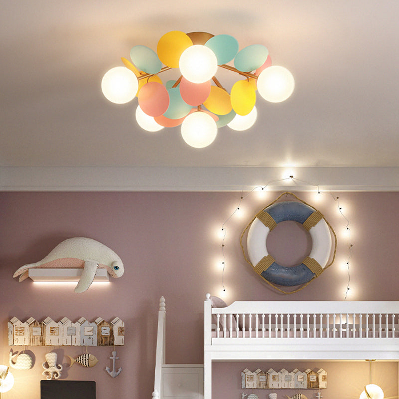 Circle Child Room Semi Flush Chandelier White Glass Creative Ceiling Light Fixture in White 6 White Clearhalo 'Ceiling Lights' 'Close To Ceiling Lights' 'Close to ceiling' 'Semi-flushmount' Lighting' 2459892