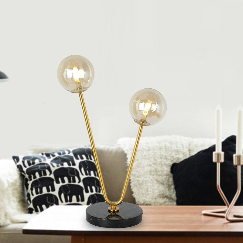 Ball Shade Table Lamp Post Modern Glass 2 Lights Gold Table Light with Marble Base Clearhalo 'Lamps' 'Table Lamps' Lighting' 246019