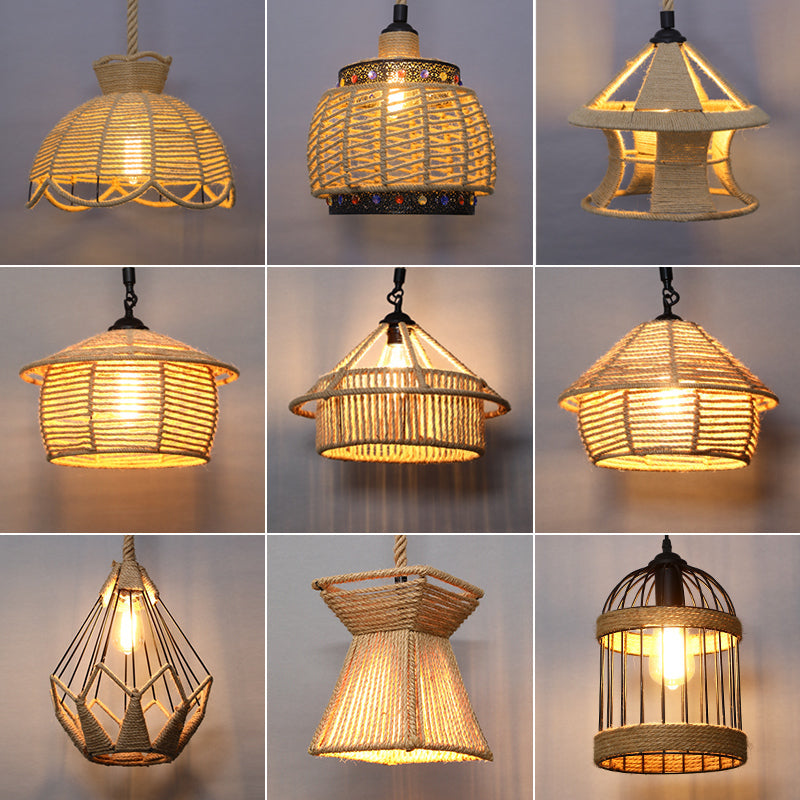 Single Cage Shade Pendulum Light Country Style Wood Rope Suspension Light for Restaurant Wood Clearhalo 'Ceiling Lights' 'Industrial Pendants' 'Industrial' 'Middle Century Pendants' 'Pendant Lights' 'Pendants' 'Tiffany' Lighting' 2460342