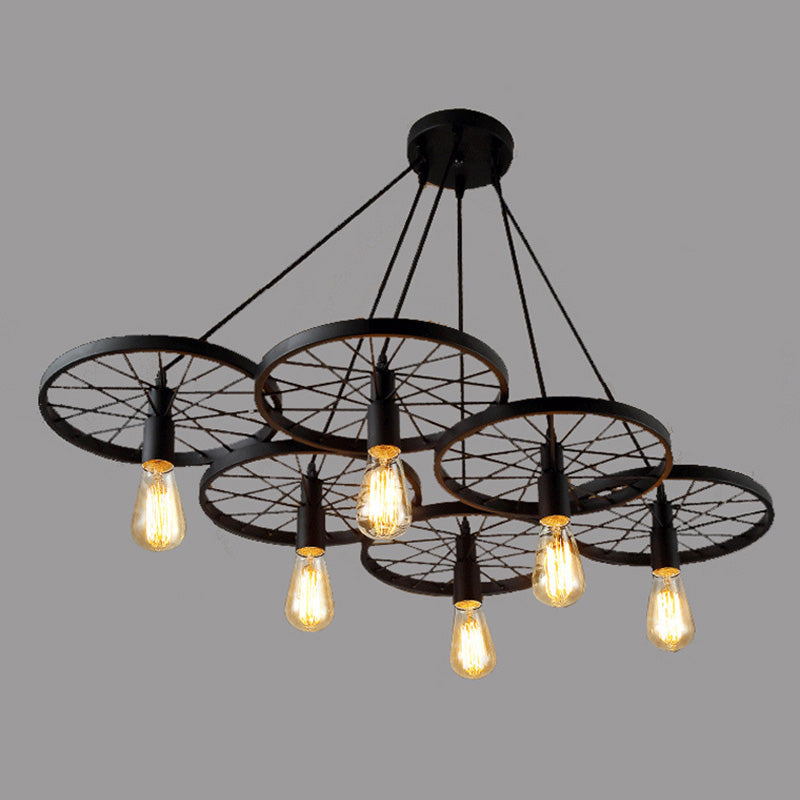 Metal Wagon Wheel Pendant Lamp Industrial Restaurant Hanging Light Fixture in Black 6 Black Clearhalo 'Art Deco Pendants' 'Black' 'Cast Iron' 'Ceiling Lights' 'Ceramic' 'Crystal' 'Industrial Pendants' 'Industrial' 'Metal' 'Middle Century Pendants' 'Pendant Lights' 'Pendants' 'Rustic Pendants' 'Tiffany' Lighting' 2460628