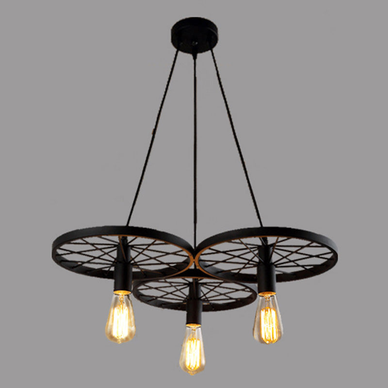 Metal Wagon Wheel Pendant Lamp Industrial Restaurant Hanging Light Fixture in Black 3 Black Clearhalo 'Art Deco Pendants' 'Black' 'Cast Iron' 'Ceiling Lights' 'Ceramic' 'Crystal' 'Industrial Pendants' 'Industrial' 'Metal' 'Middle Century Pendants' 'Pendant Lights' 'Pendants' 'Rustic Pendants' 'Tiffany' Lighting' 2460629