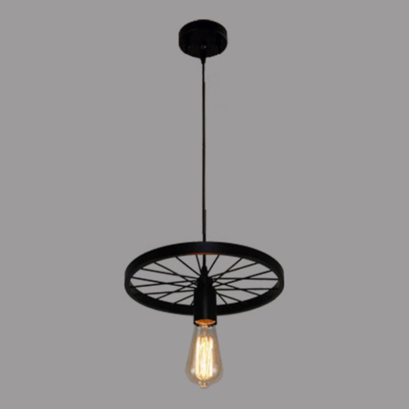 Metal Wagon Wheel Pendant Lamp Industrial Restaurant Hanging Light Fixture in Black 1 Black Clearhalo 'Art Deco Pendants' 'Black' 'Cast Iron' 'Ceiling Lights' 'Ceramic' 'Crystal' 'Industrial Pendants' 'Industrial' 'Metal' 'Middle Century Pendants' 'Pendant Lights' 'Pendants' 'Rustic Pendants' 'Tiffany' Lighting' 2460630