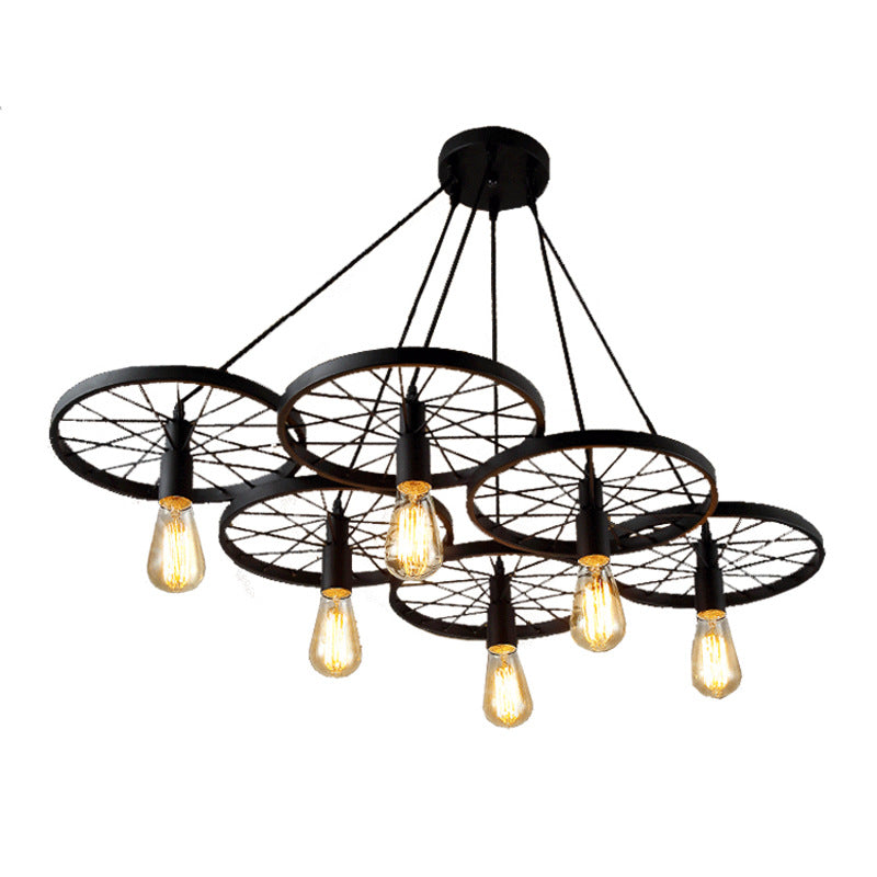 Metal Wagon Wheel Pendant Lamp Industrial Restaurant Hanging Light Fixture in Black Clearhalo 'Art Deco Pendants' 'Black' 'Cast Iron' 'Ceiling Lights' 'Ceramic' 'Crystal' 'Industrial Pendants' 'Industrial' 'Metal' 'Middle Century Pendants' 'Pendant Lights' 'Pendants' 'Rustic Pendants' 'Tiffany' Lighting' 2460632