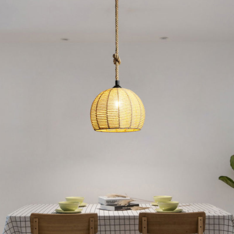 Farmhouse Hemispherical Hanging Lamp 1-Light Hemp Rope Ceiling Pendant Light for Dining Room 1 Wood Clearhalo 'Ceiling Lights' 'Industrial Pendants' 'Industrial' 'Middle Century Pendants' 'Pendant Lights' 'Pendants' 'Tiffany' Lighting' 2460691