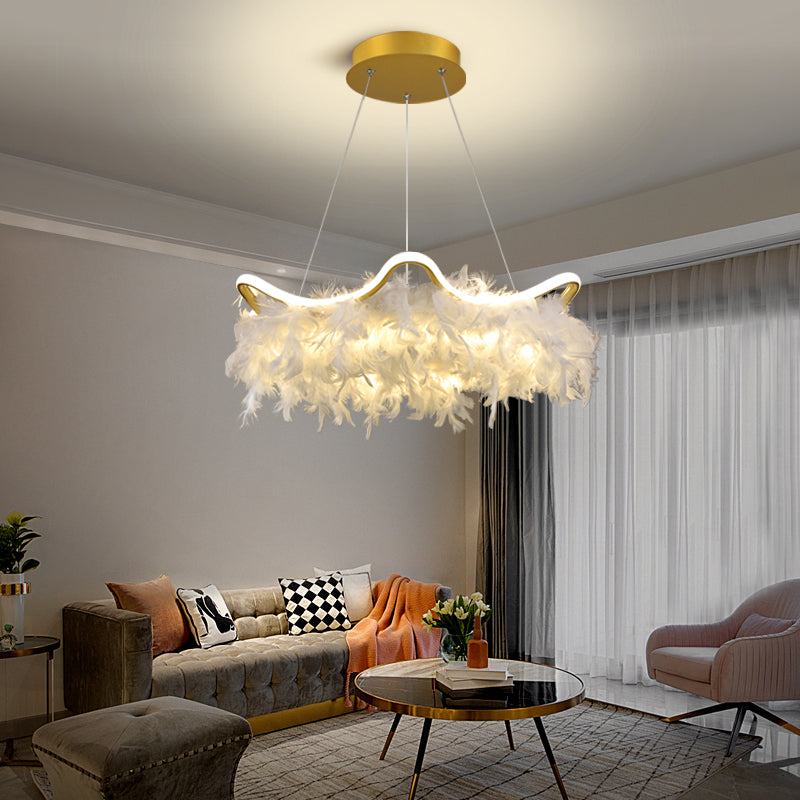 Wavy Metal Suspension Lighting Nordic White-Gold LED Chandelier with Feather Deco Clearhalo 'Ceiling Lights' 'Chandeliers' 'Modern Chandeliers' 'Modern' Lighting' 2460753