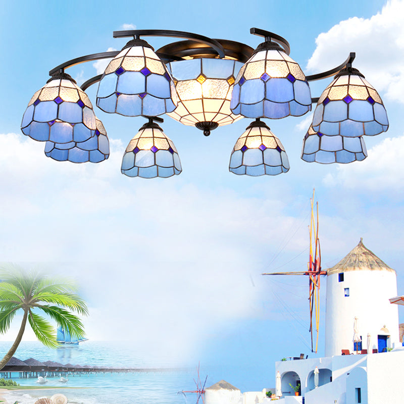 Gridded Glass Semi Flush Mount Light Scalloped Edge Mediterranean Style Close to Ceiling Light Clearhalo 'Ceiling Lights' 'Close To Ceiling Lights' 'Close to ceiling' 'Glass shade' 'Glass' 'Pendant Lights' 'Semi-flushmount' 'Tiffany close to ceiling' 'Tiffany' Lighting' 2460783