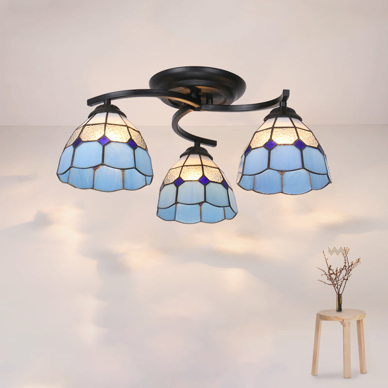 Gridded Glass Semi Flush Mount Light Scalloped Edge Mediterranean Style Close to Ceiling Light 3 Black Blue Clearhalo 'Ceiling Lights' 'Close To Ceiling Lights' 'Close to ceiling' 'Glass shade' 'Glass' 'Pendant Lights' 'Semi-flushmount' 'Tiffany close to ceiling' 'Tiffany' Lighting' 2460784