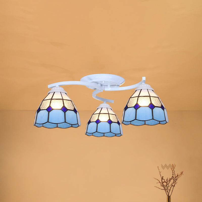 Gridded Glass Semi Flush Mount Light Scalloped Edge Mediterranean Style Close to Ceiling Light 3 White Blue Clearhalo 'Ceiling Lights' 'Close To Ceiling Lights' 'Close to ceiling' 'Glass shade' 'Glass' 'Pendant Lights' 'Semi-flushmount' 'Tiffany close to ceiling' 'Tiffany' Lighting' 2460786