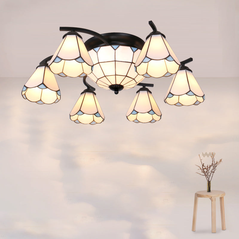 Gridded Glass Semi Flush Mount Light Scalloped Edge Mediterranean Style Close to Ceiling Light 9 Black White Clearhalo 'Ceiling Lights' 'Close To Ceiling Lights' 'Close to ceiling' 'Glass shade' 'Glass' 'Pendant Lights' 'Semi-flushmount' 'Tiffany close to ceiling' 'Tiffany' Lighting' 2460793