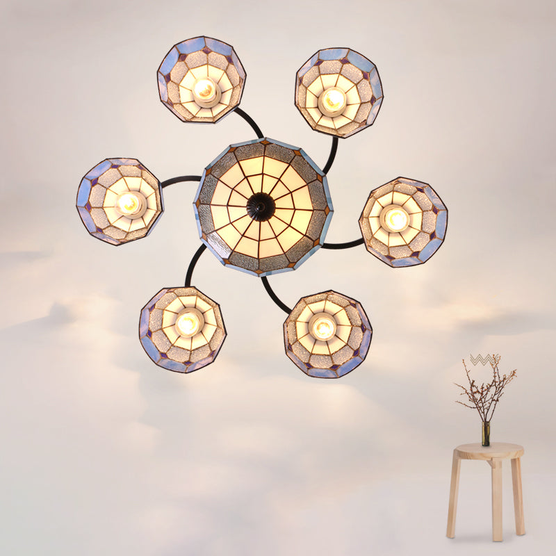 Gridded Glass Semi Flush Mount Light Scalloped Edge Mediterranean Style Close to Ceiling Light 9 Black Blue Clearhalo 'Ceiling Lights' 'Close To Ceiling Lights' 'Close to ceiling' 'Glass shade' 'Glass' 'Pendant Lights' 'Semi-flushmount' 'Tiffany close to ceiling' 'Tiffany' Lighting' 2460797