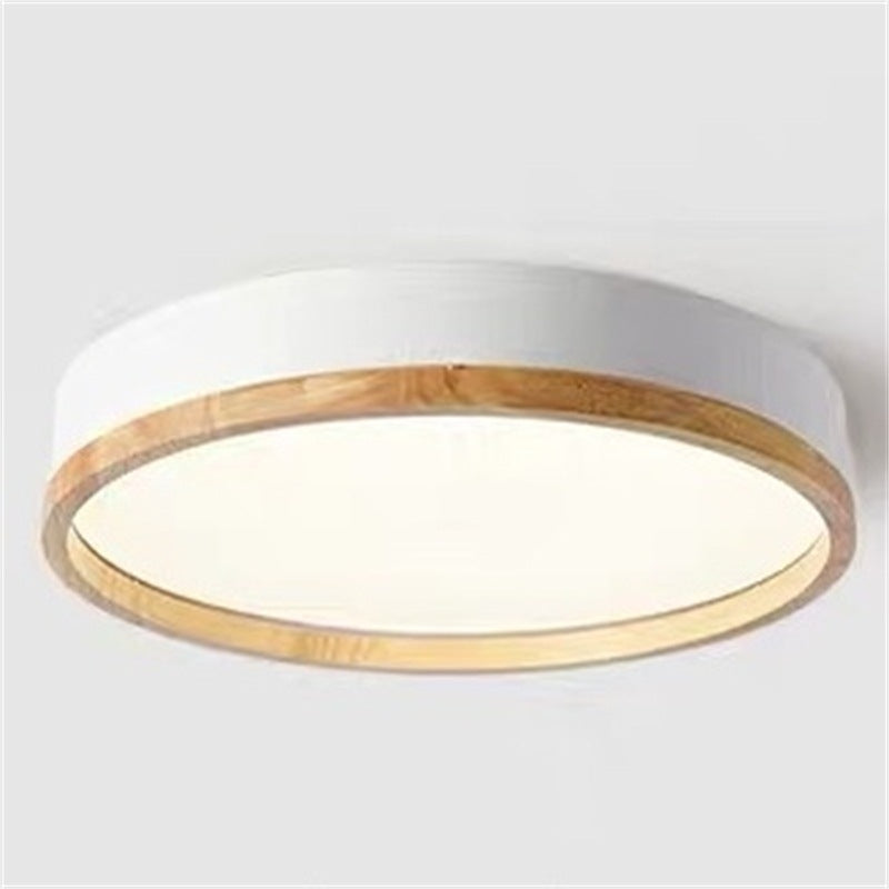 Round Metal Flush Mount Lighting Fixture Macaron LED Ceiling Lamp with Wooden Rim White Clearhalo 'Ceiling Lights' 'Close To Ceiling Lights' 'Close to ceiling' 'Flush mount' Lighting' 2460979