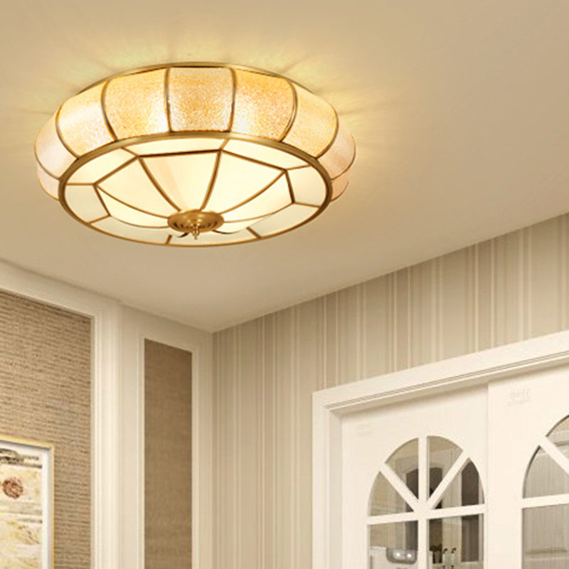 Round Textured Glass Flush Ceiling Light Traditional Bedroom Flushmount Lighting in Gold Clearhalo 'Ceiling Lights' 'Close To Ceiling Lights' 'Close to ceiling' 'Flush mount' Lighting' 2461273