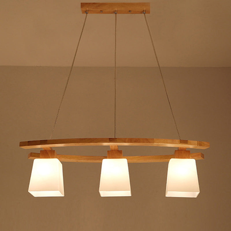 Trapezoid Dining Room Island Lamp Ivory Glass 3-Bulb Minimalist Suspension Pendant Light in Wood Wood Clearhalo 'Ceiling Lights' 'Island Lights' Lighting' 2461291