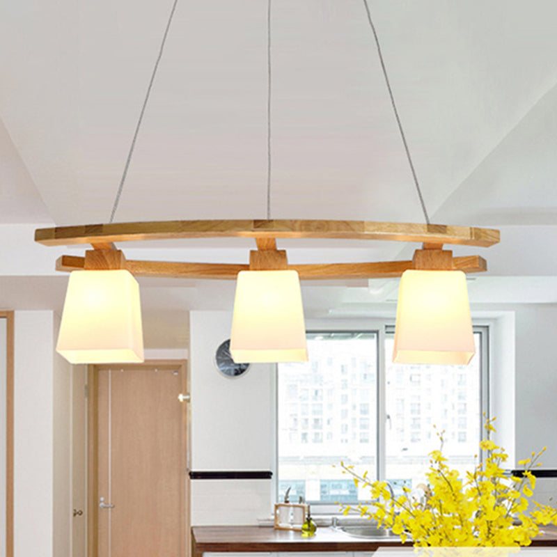 Trapezoid Dining Room Island Lamp Ivory Glass 3-Bulb Minimalist Suspension Pendant Light in Wood Clearhalo 'Ceiling Lights' 'Island Lights' Lighting' 2461292