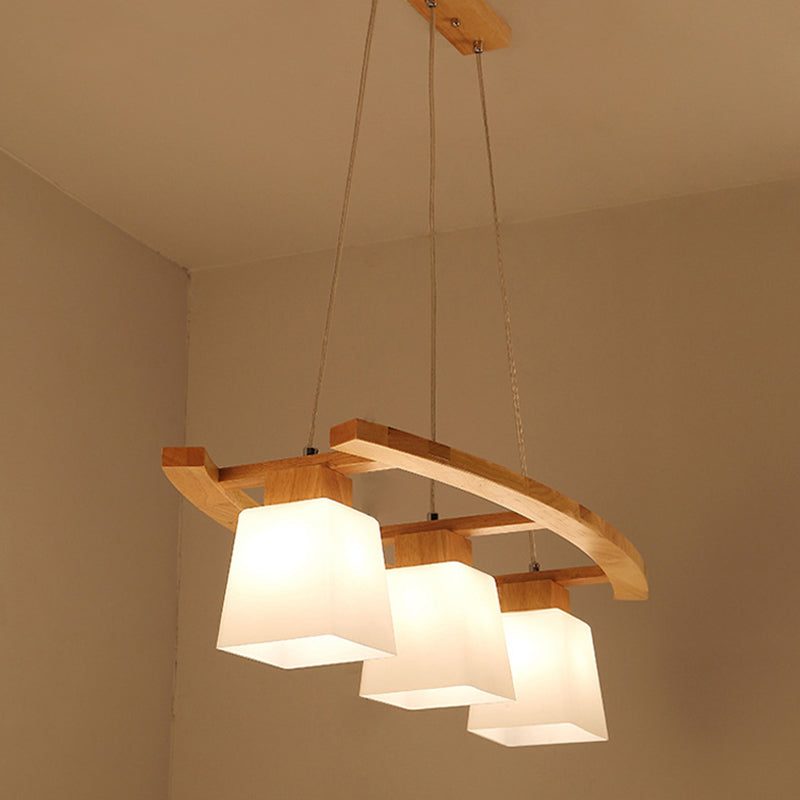 Trapezoid Dining Room Island Lamp Ivory Glass 3-Bulb Minimalist Suspension Pendant Light in Wood Clearhalo 'Ceiling Lights' 'Island Lights' Lighting' 2461293