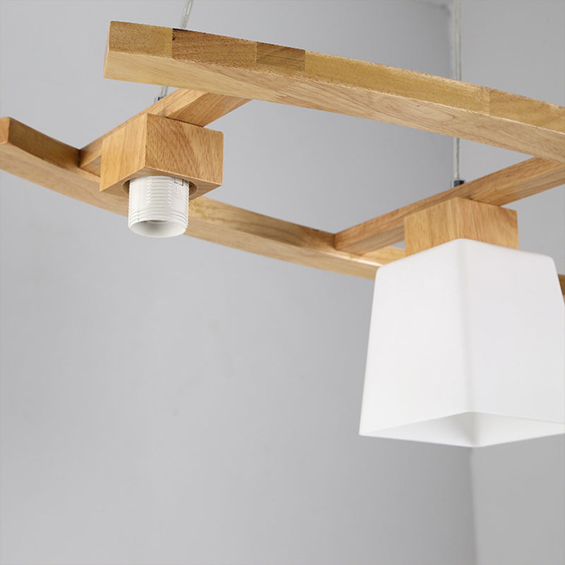 Trapezoid Dining Room Island Lamp Ivory Glass 3-Bulb Minimalist Suspension Pendant Light in Wood Clearhalo 'Ceiling Lights' 'Island Lights' Lighting' 2461294