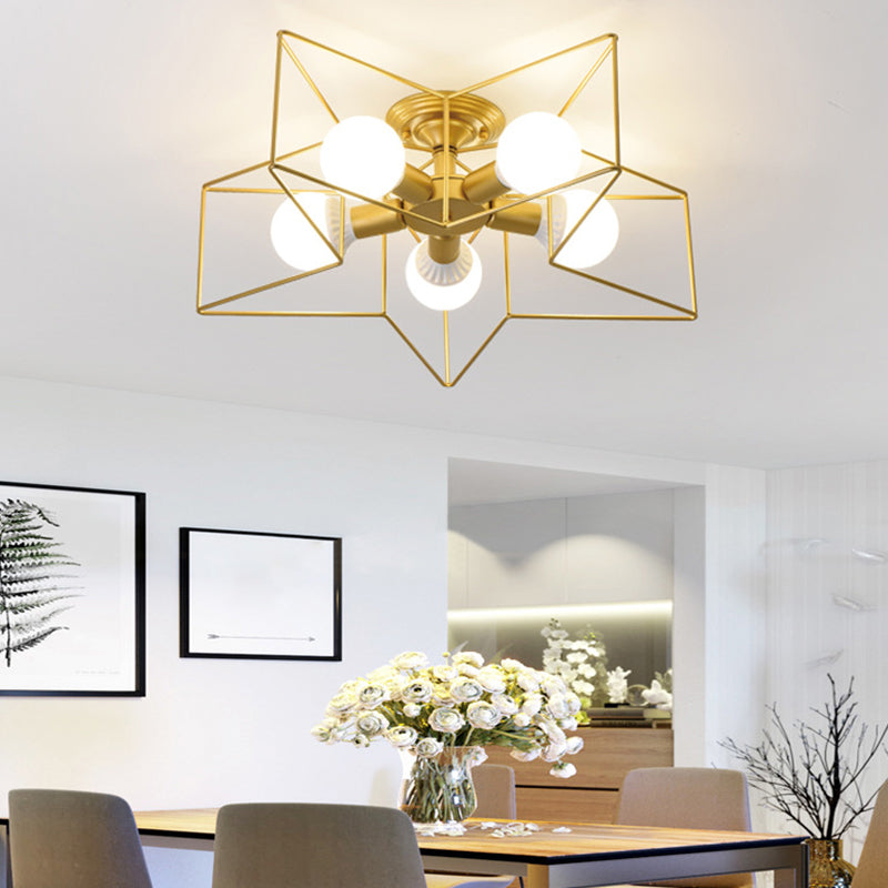 Nordic Star Shaped Cage Ceiling Fixture 5 Lights Metal Flush Mount Light for Living Room Gold Clearhalo 'Ceiling Lights' 'Close To Ceiling Lights' 'Close to ceiling' 'Flush mount' 'Industrial Flush Mount' Lighting' 2461411