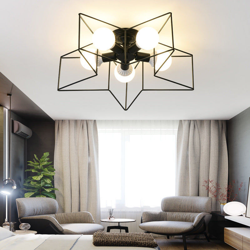 Nordic Star Shaped Cage Ceiling Fixture 5 Lights Metal Flush Mount Light for Living Room Black Clearhalo 'Ceiling Lights' 'Close To Ceiling Lights' 'Close to ceiling' 'Flush mount' 'Industrial Flush Mount' Lighting' 2461413