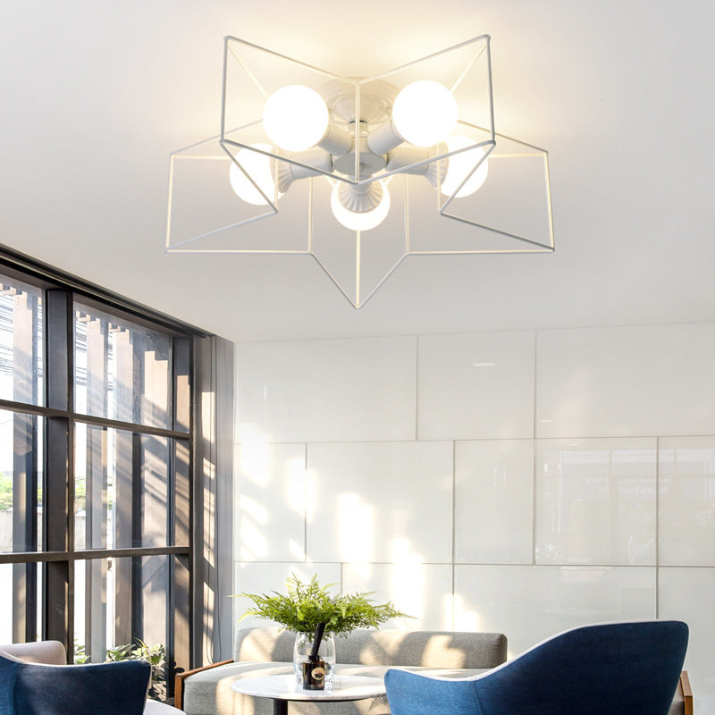 Nordic Star Shaped Cage Ceiling Fixture 5 Lights Metal Flush Mount Light for Living Room White Clearhalo 'Ceiling Lights' 'Close To Ceiling Lights' 'Close to ceiling' 'Flush mount' 'Industrial Flush Mount' Lighting' 2461414