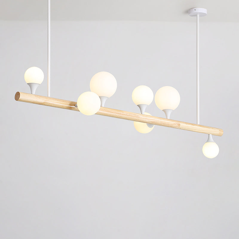 Wood Linear Hanging Island Light Minimalism Opal Ball Glass Drop Pendant for Restaurant 7 Wood Clearhalo 'Ceiling Lights' 'Island Lights' Lighting' 2461431