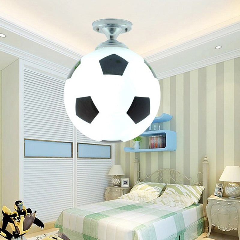 Creative Childrens Football Flushmount Light Opaque Glass 1 Head Boys Room Semi-Flush Mount Ceiling Light Black-White Clearhalo 'Ceiling Lights' 'Chandeliers' 'Close To Ceiling Lights' 'Close to ceiling' 'Glass shade' 'Glass' 'Semi-flushmount' Lighting' 2461601