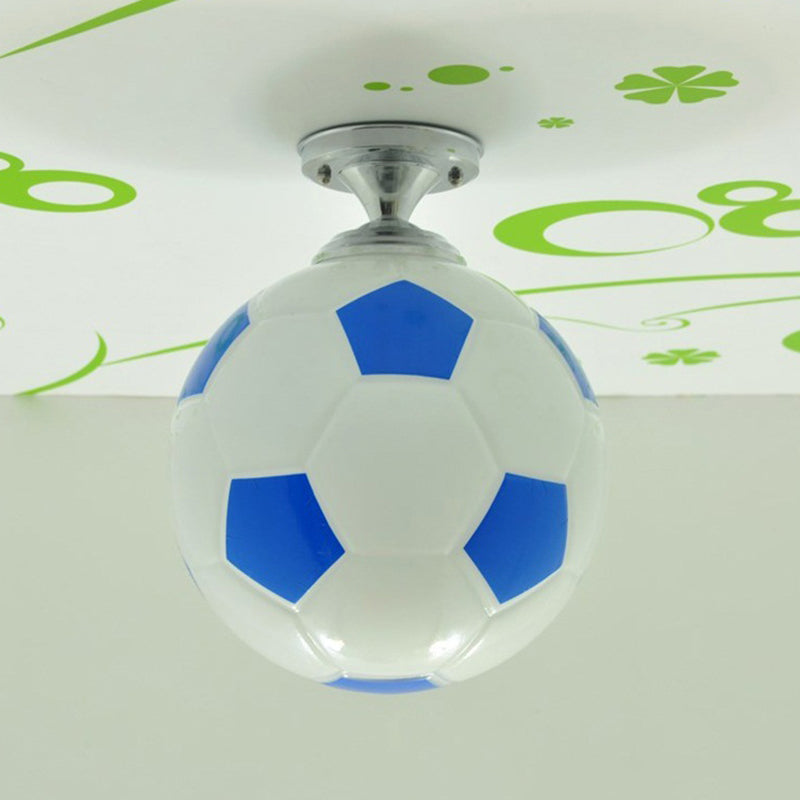 Creative Childrens Football Flushmount Light Opaque Glass 1 Head Boys Room Semi-Flush Mount Ceiling Light Blue-White Clearhalo 'Ceiling Lights' 'Chandeliers' 'Close To Ceiling Lights' 'Close to ceiling' 'Glass shade' 'Glass' 'Semi-flushmount' Lighting' 2461603