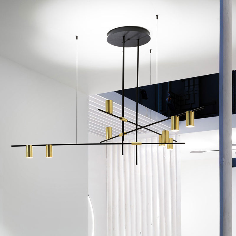 Postmodern Cross Arm Chandelier Metal Living Room Spotlight Hanging Light in Black and Gold 9 Gold Clearhalo 'Ceiling Lights' 'Chandeliers' 'Modern Chandeliers' 'Modern' Lighting' 2461960