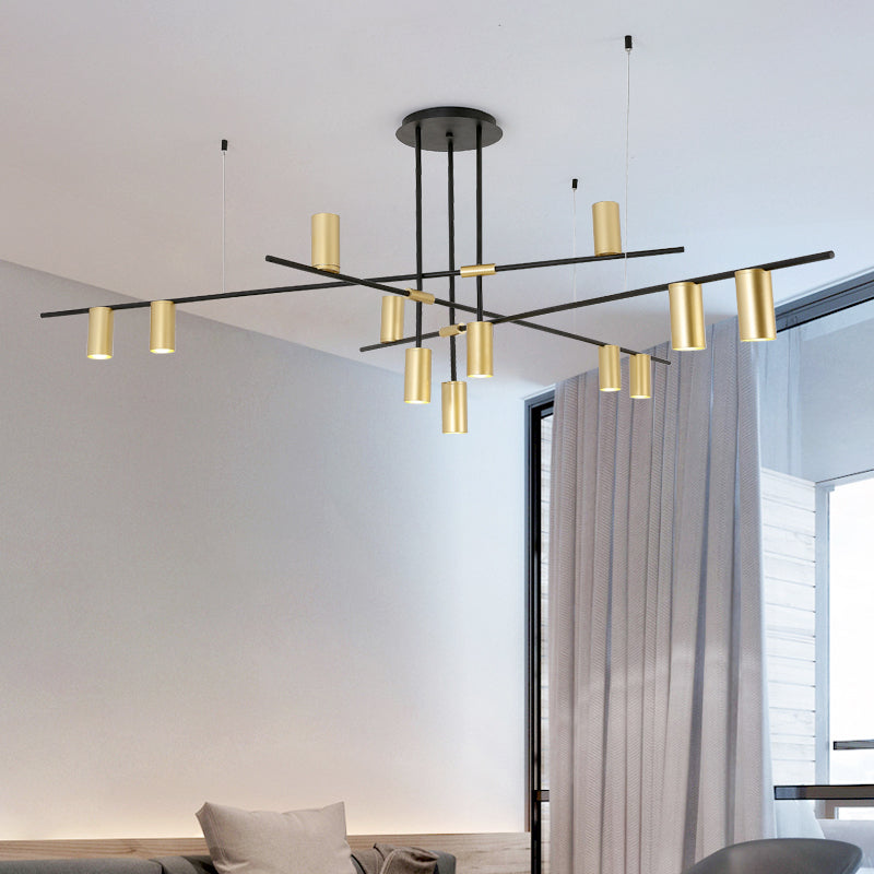 Postmodern Cross Arm Chandelier Metal Living Room Spotlight Hanging Light in Black and Gold 12 Gold Clearhalo 'Ceiling Lights' 'Chandeliers' 'Modern Chandeliers' 'Modern' Lighting' 2461963