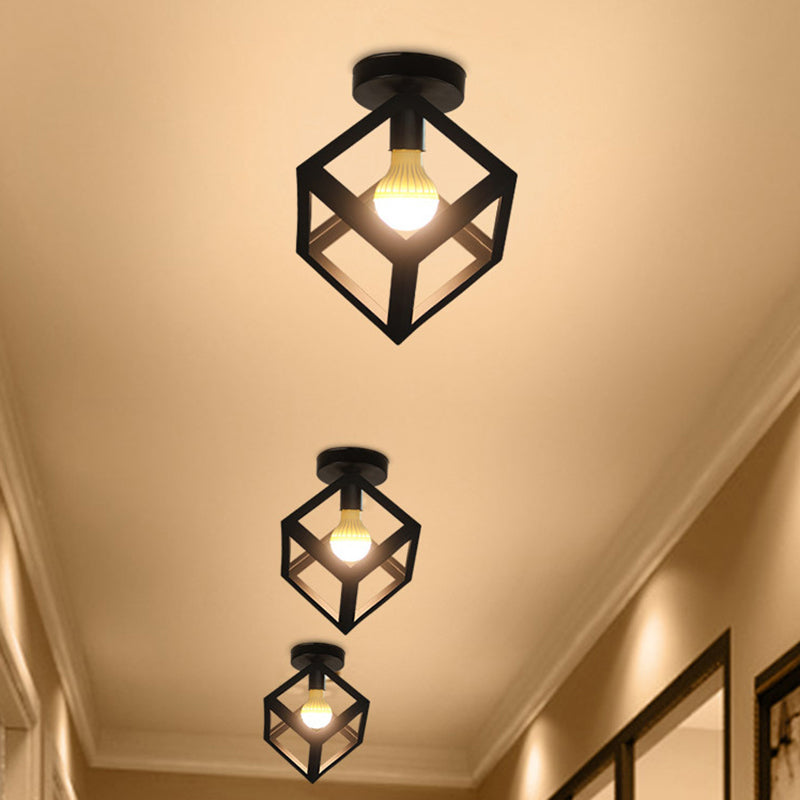 Iron Caged Flushmount Ceiling Lamp Industrial 1-Bulb Hallway Flush Mount Lighting in Black Clearhalo 'Ceiling Lights' 'Close To Ceiling Lights' 'Close to ceiling' 'Flush mount' 'Industrial Flush Mount' Lighting' 2462003