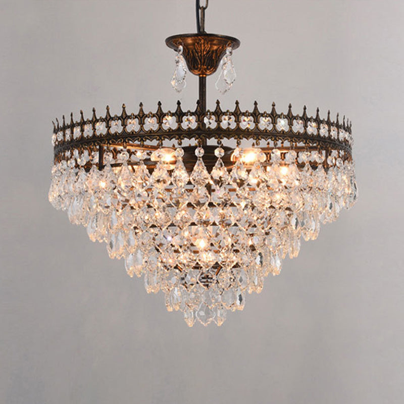 Vintage Crown Shaped Pendant Lighting Fixture Single-Bulb Metal Ceiling Light with Tapered Crystal Drops Black 19.5