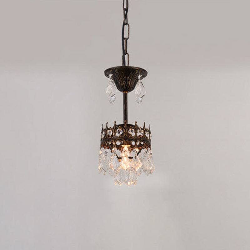 Vintage Crown Shaped Pendant Lighting Fixture Single-Bulb Metal Ceiling Light with Tapered Crystal Drops Black 5.5